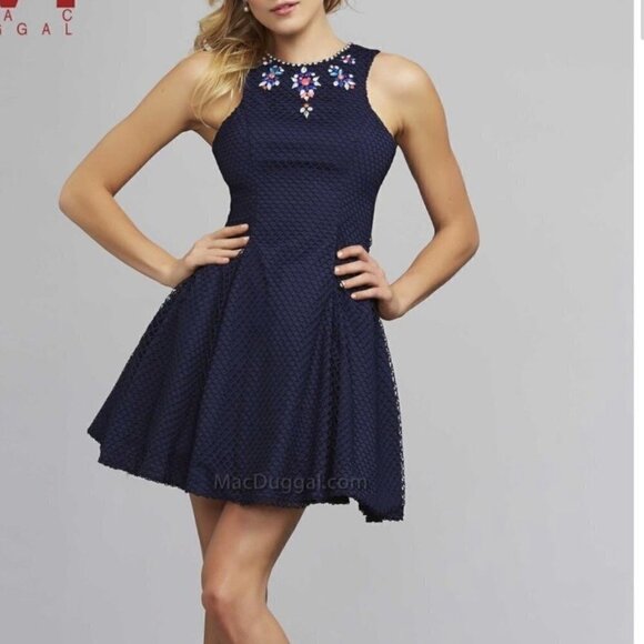 ❤️ Mc. Duggal flush mesh rhinestone embellished mini party dress, Navy color , S - Picture 1 of 10